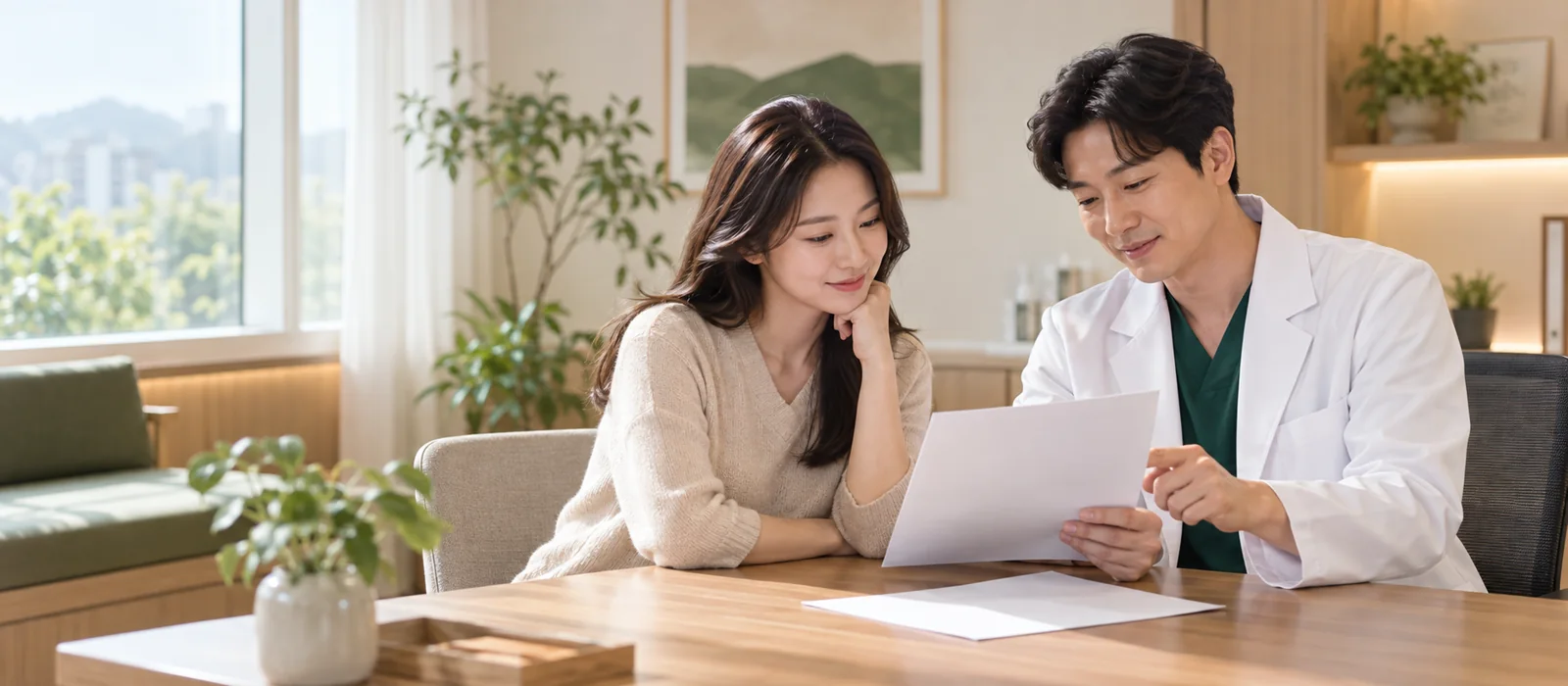 의료진과 검사 안내 문서를 함께 확인하는 사람