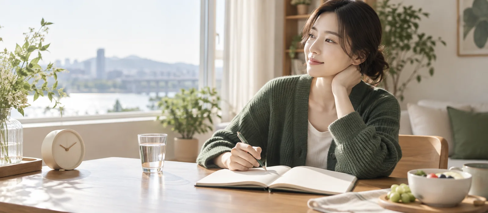 물과 노트를 곁에 두고 하루를 기록하는 사람
