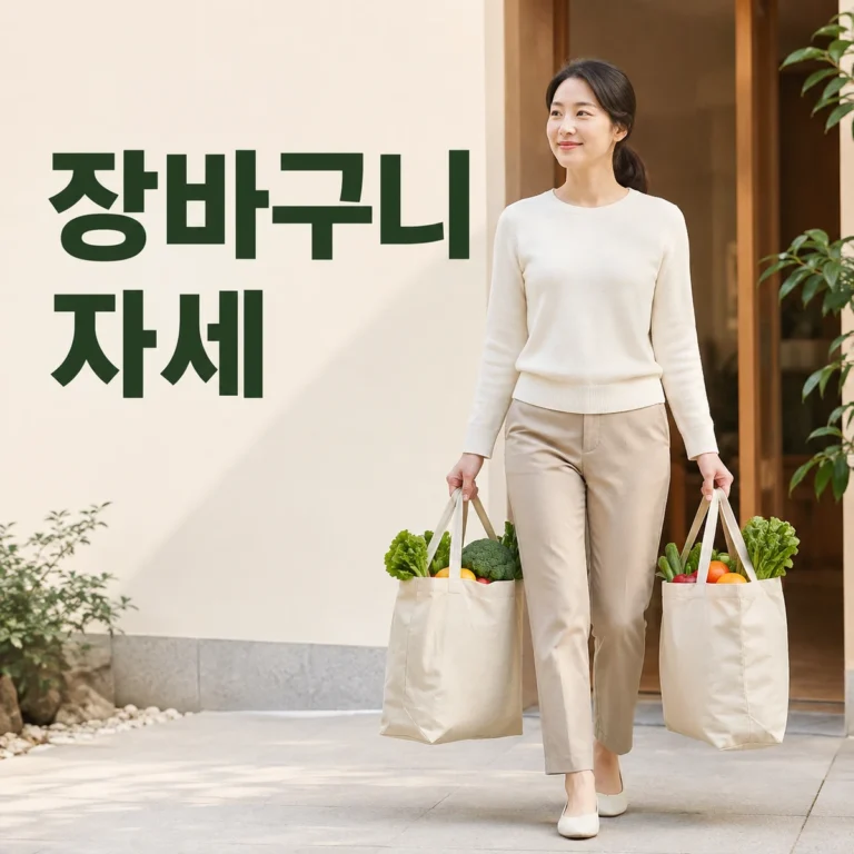장본 물건을 두 가방에 나눠 들고 이동 동선을 확인하는 사람