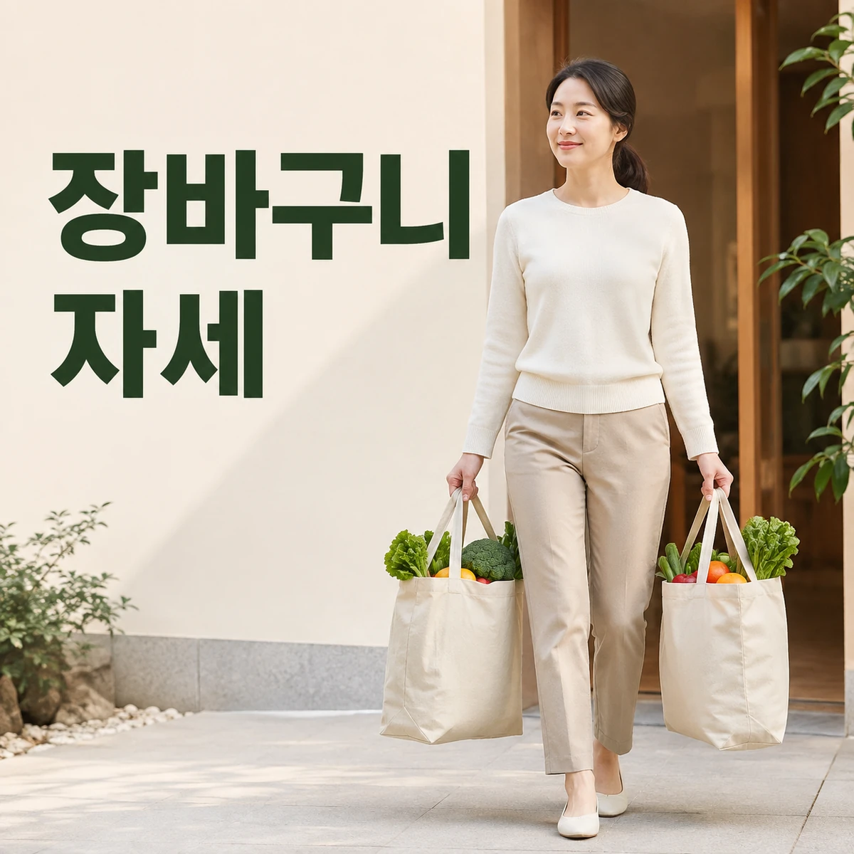 장본 물건을 두 가방에 나눠 들고 이동 동선을 확인하는 사람