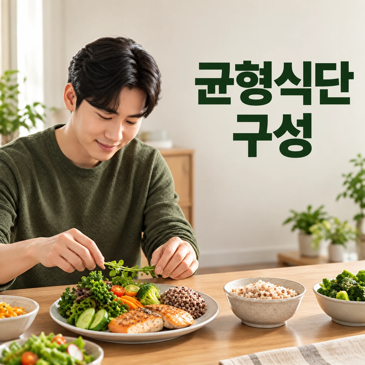 밝은 식탁에서 한국인 성인이 채소·곡물·단백질 접시를 구성한다