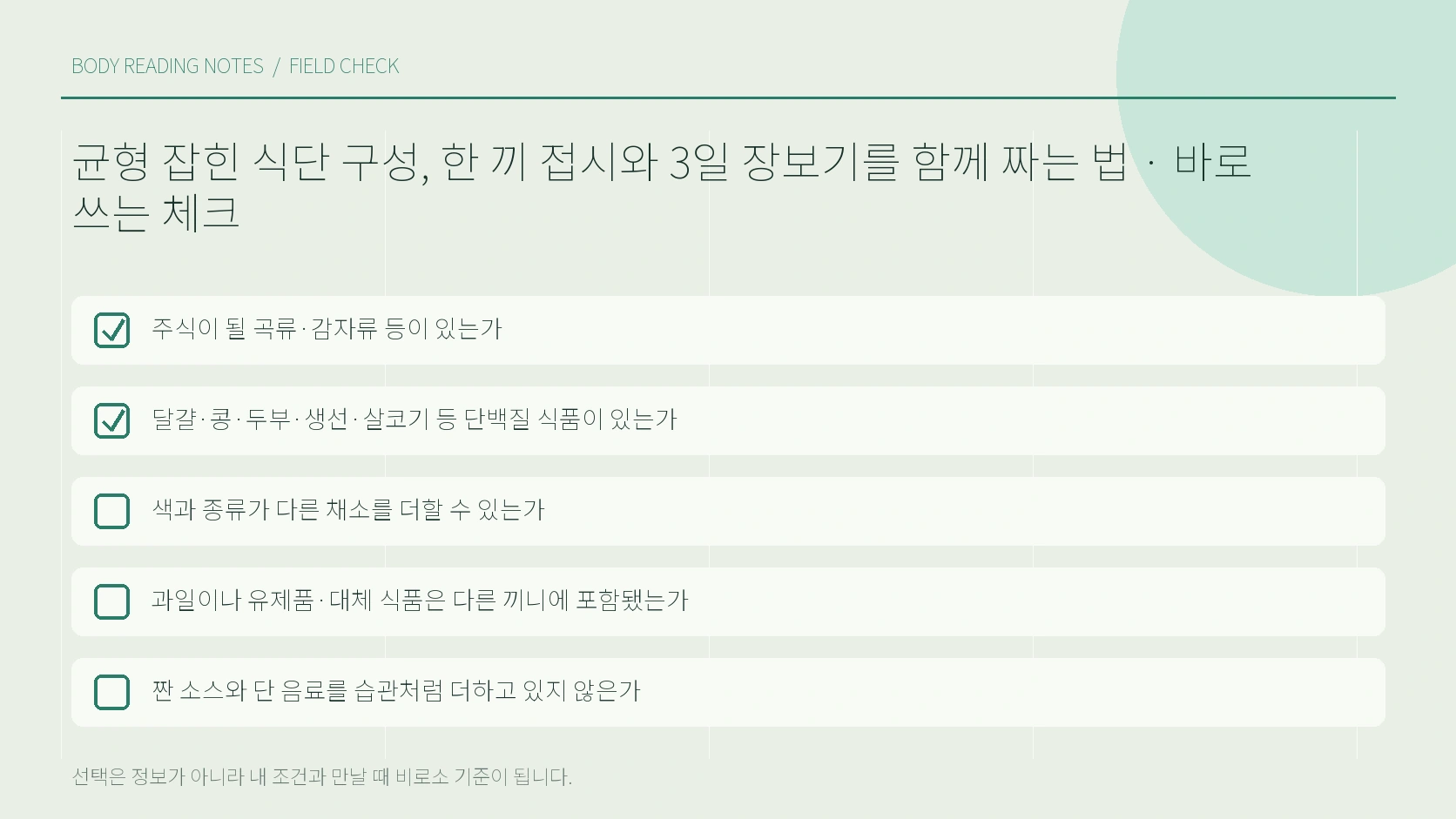 신선 냉동 상온 식품을 섞은 3일 장보기표