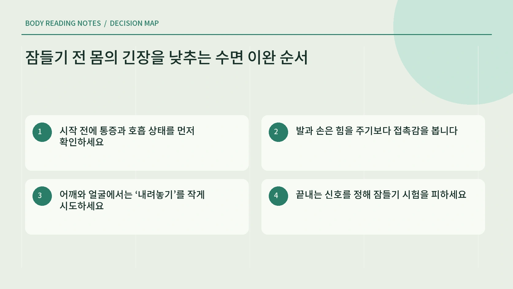 발에서 얼굴까지 몸의 긴장을 살피는 순서 안내
