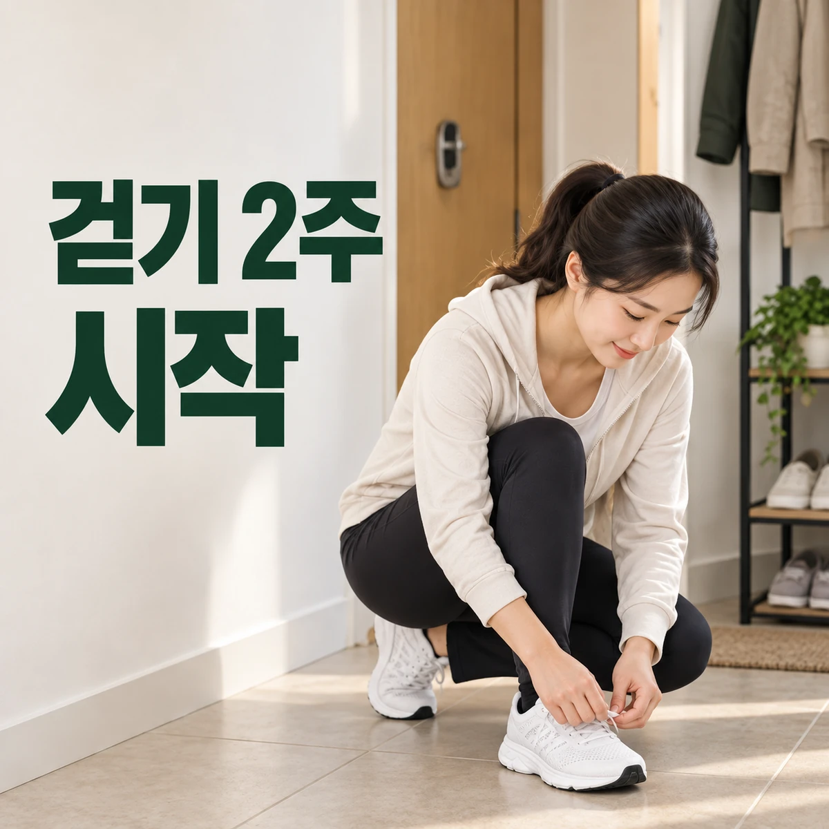 아파트 현관에서 한국인 성인이 운동화 끈을 묶고 산책을 준비한다