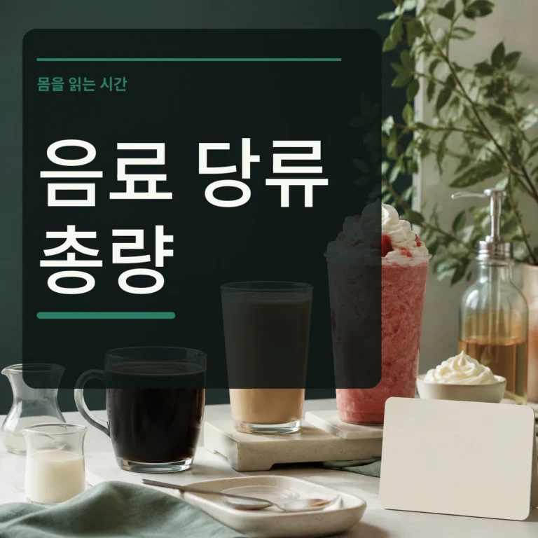 크기가 다른 카페 음료 컵과 영양정보를 비교하고 음료 당류 총량 문구를 넣은 대표 이미지