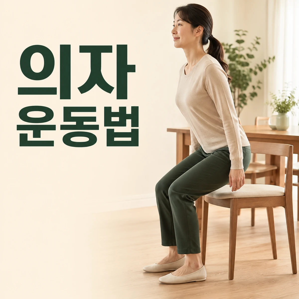 단단한 식탁 의자에서 천천히 일어나며 발과 무릎 위치를 살피는 사람