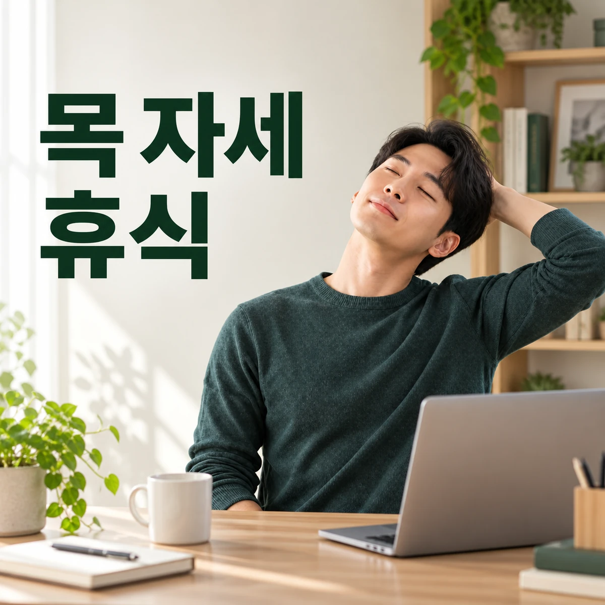 컴퓨터 작업 중 한국인 성인이 잠시 목을 이완한다