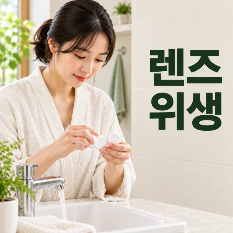밝은 세면 공간에서 한국인 성인이 깨끗한 손으로 렌즈 케이스를 관리한다
