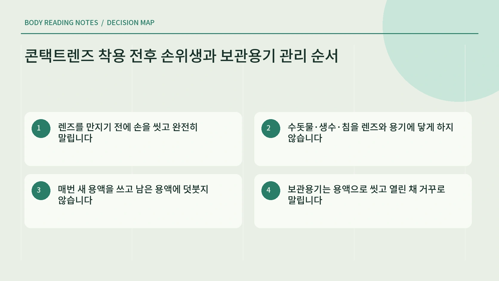 손 씻기 완전 건조 렌즈 접촉 전용 용액과 보관용기 관리를 연결한 한글 인포그래픽