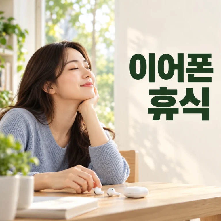 한국인 성인이 이어폰을 내려놓고 창가에서 귀를 쉬게 한다