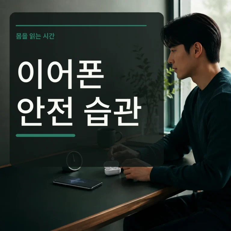 조용한 책상에서 무선 이어폰을 빼고 휴식하는 장면 위에 이어폰 안전 습관 문구를 넣은 대표 이미지
