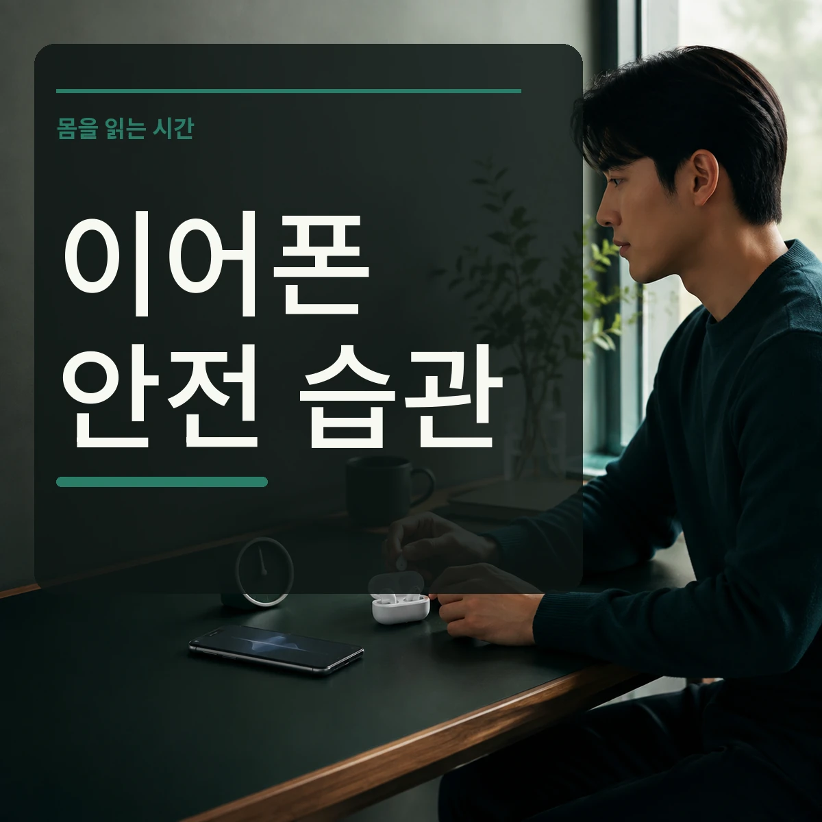 조용한 책상에서 무선 이어폰을 빼고 휴식하는 장면 위에 이어폰 안전 습관 문구를 넣은 대표 이미지