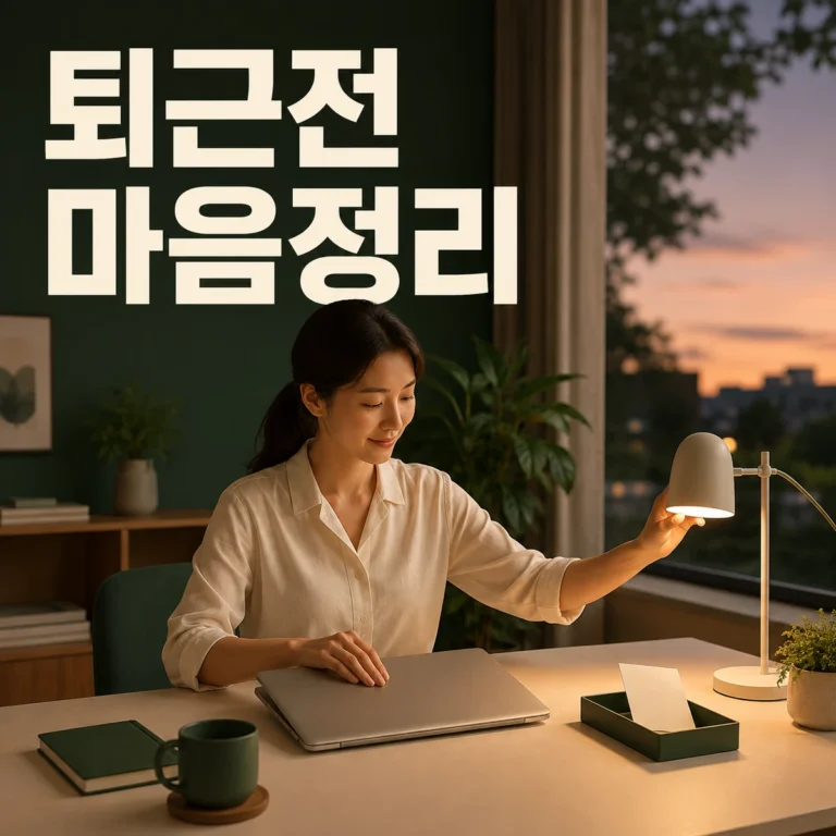 퇴근 전에 업무 메모를 마무리하고 책상을 정리하는 모습