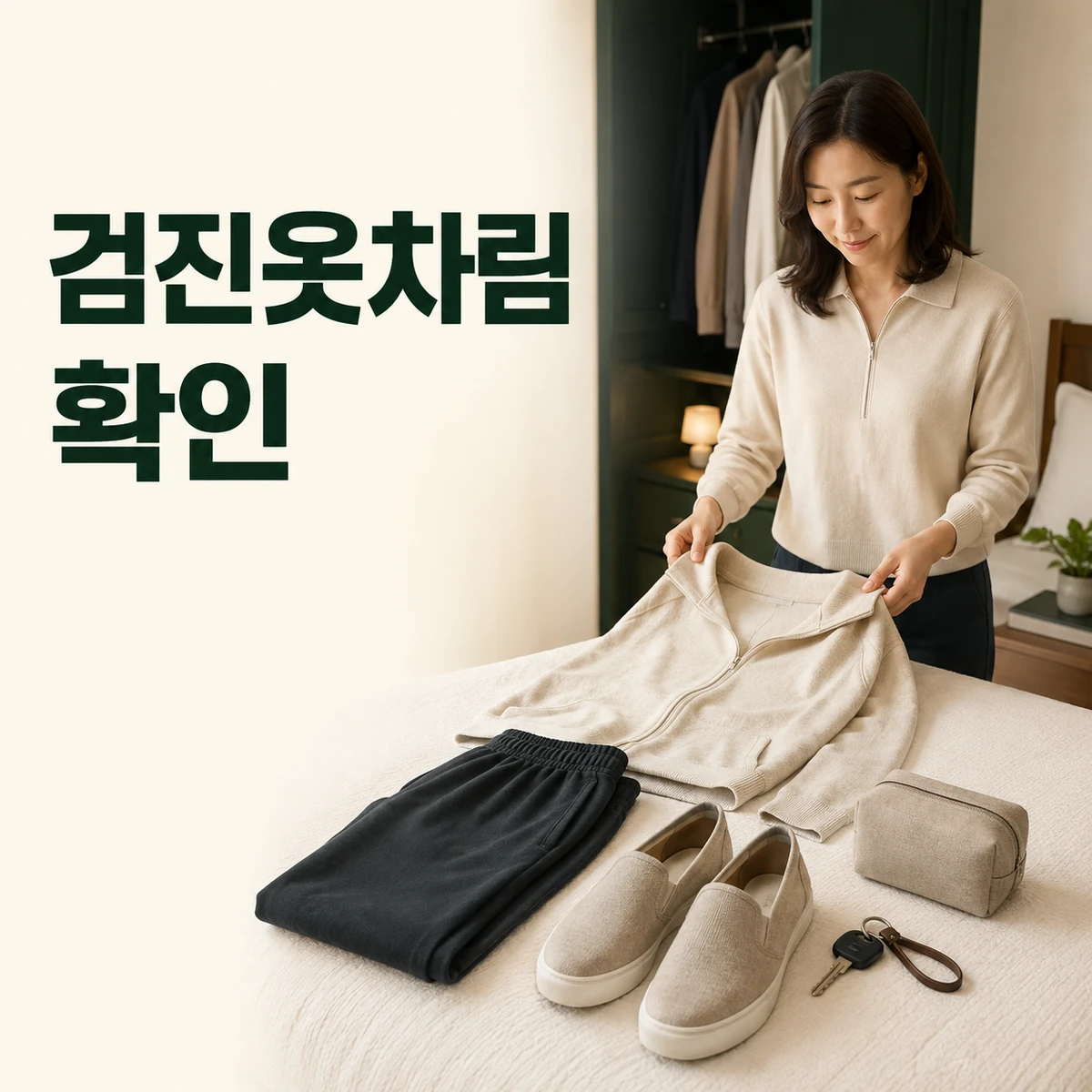 편안한 검진 옷과 안경 케이스 소지품