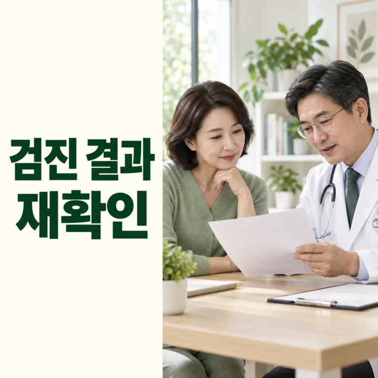 의료진과 검진 결과를 함께 재확인하는 장면 옆에 검진 결과 재확인 문구가 있는 정사각형 대표 이미지