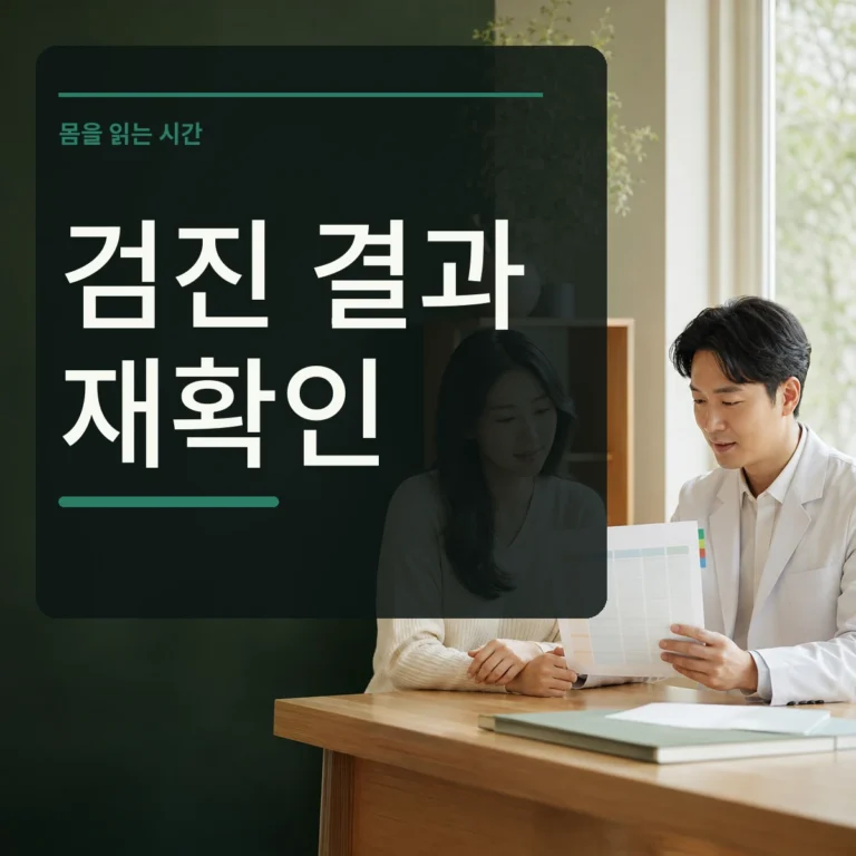 의료진과 건강검진 결과표를 함께 살펴보는 장면에 검진 결과 재확인 문구가 있는 정사각형 대표 이미지