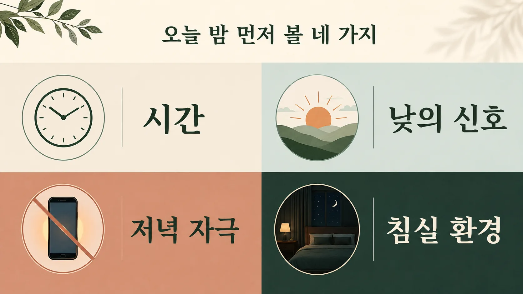 수면을 점검하는 시간, 낮, 저녁, 침실 네 요인을 담은 인포그래픽