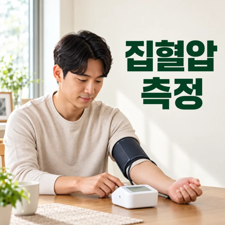 집 식탁에서 한국인 성인이 바른 자세로 혈압을 측정한다