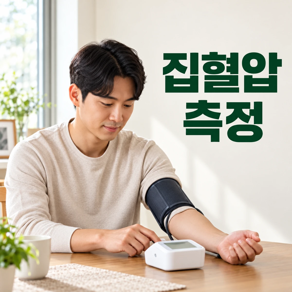 집 식탁에서 한국인 성인이 바른 자세로 혈압을 측정한다