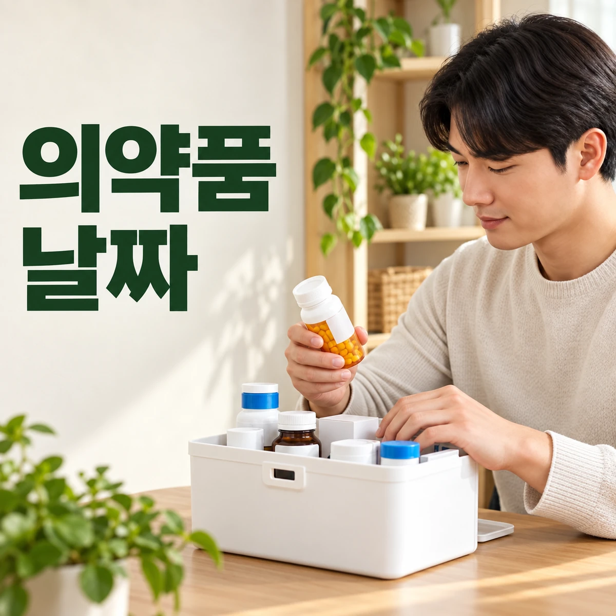 한국인 성인이 가정 의약품 상자의 날짜와 보관 상태를 정리한다