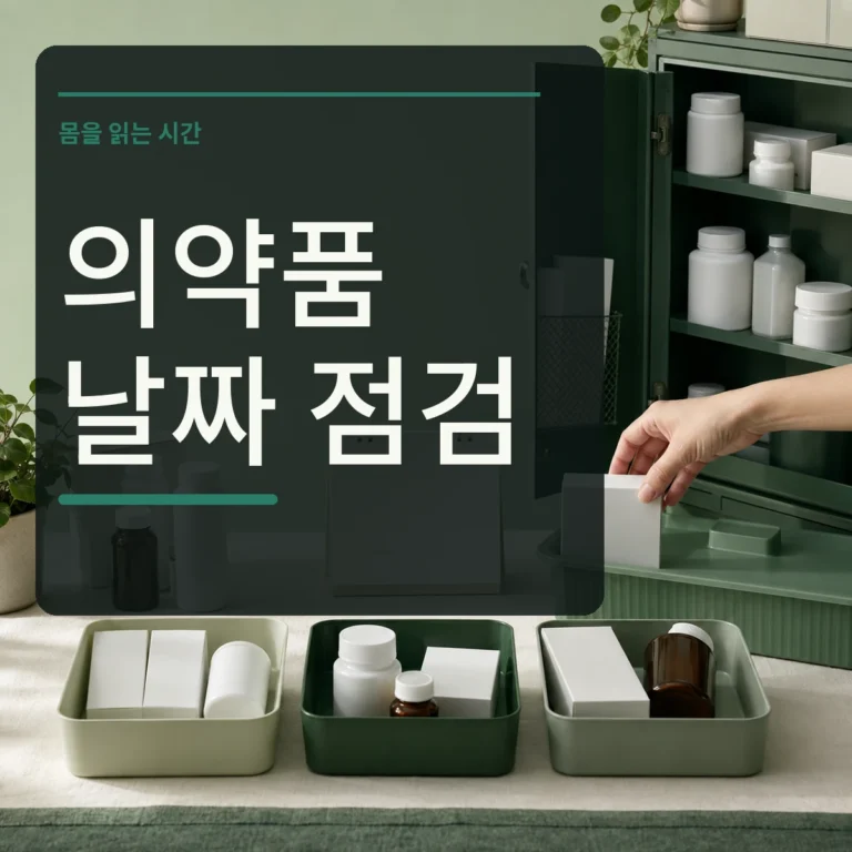 라벨이 없는 일반 의약품 용기와 달력, 분류 트레이를 정리하는 장면 위에 상비약 점검 문구를 넣은 대표 이미지