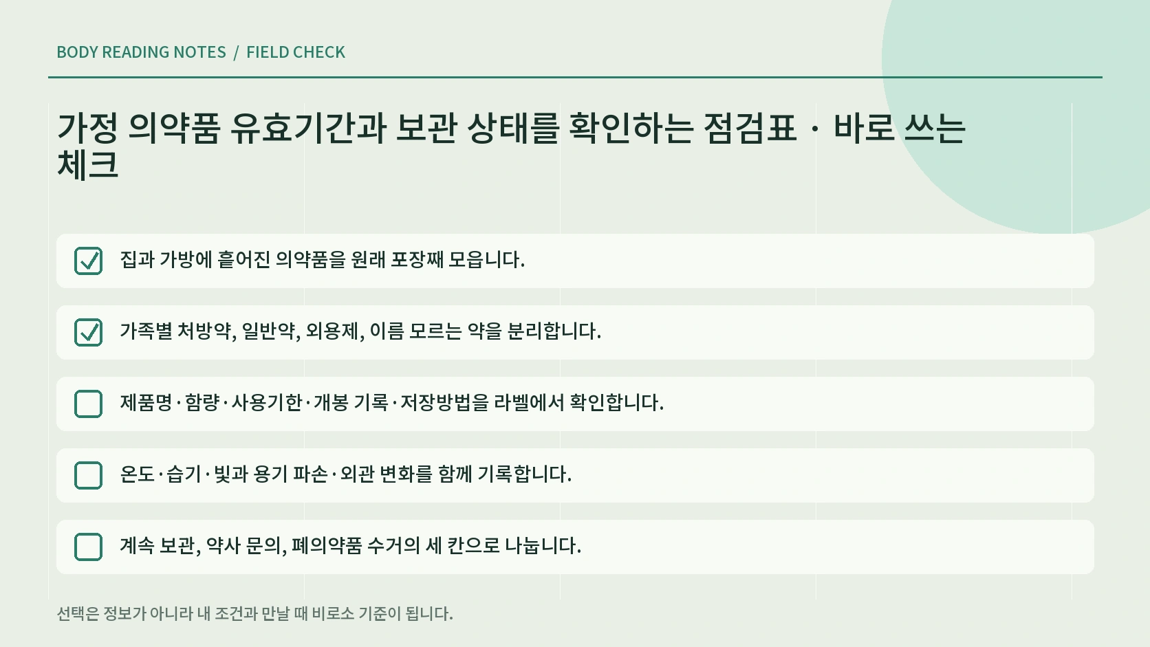 가정 의약품을 계속 보관 약사 문의 지역 폐의약품 수거로 나누는 한글 인포그래픽