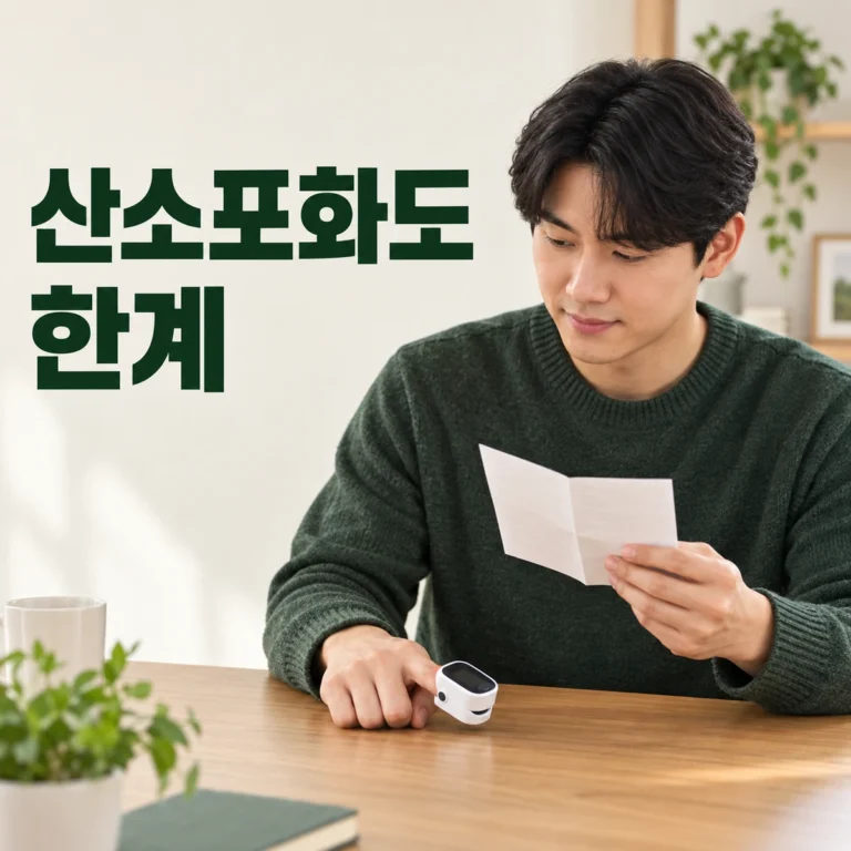 집 책상에서 한국인 성인이 손가락 산소포화도계를 사용하며 설명서를 확인한다
