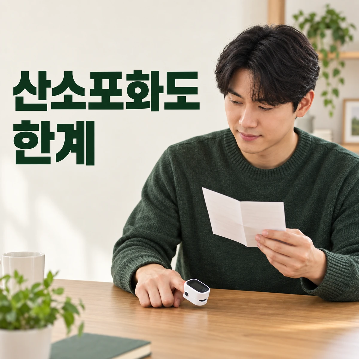 집 책상에서 한국인 성인이 손가락 산소포화도계를 사용하며 설명서를 확인한다