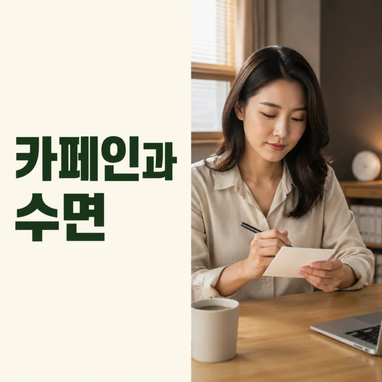 오후 음료 시각과 밤의 잠자리 시각을 노트에 적는 직장인