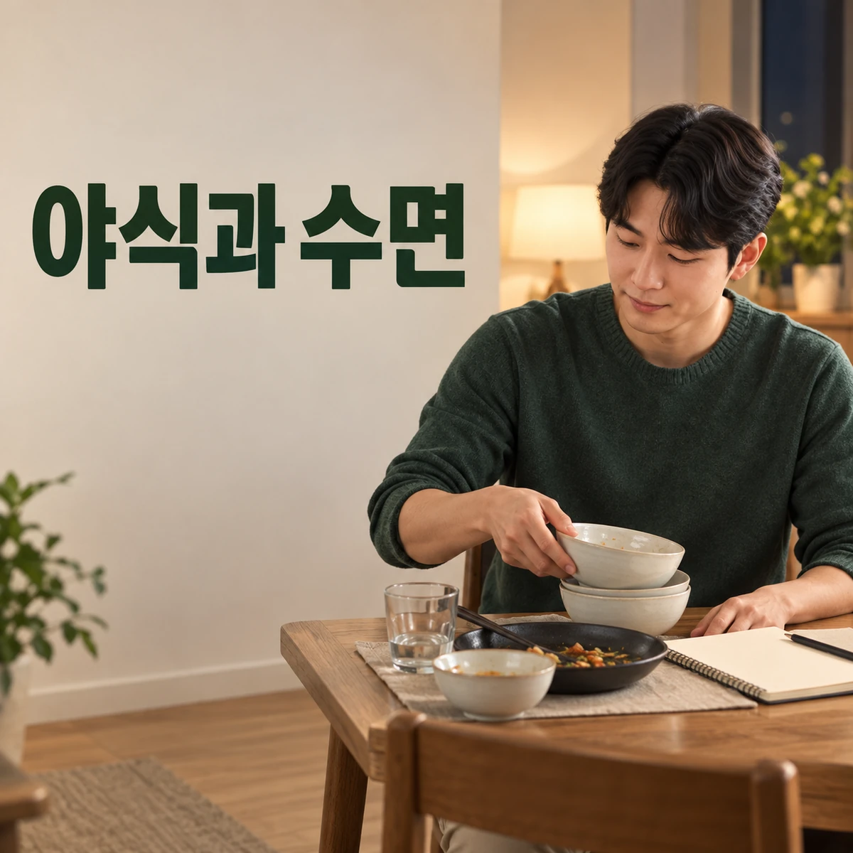 늦은 저녁 식탁과 다음 날 수면 기록장을 함께 살피는 한국인