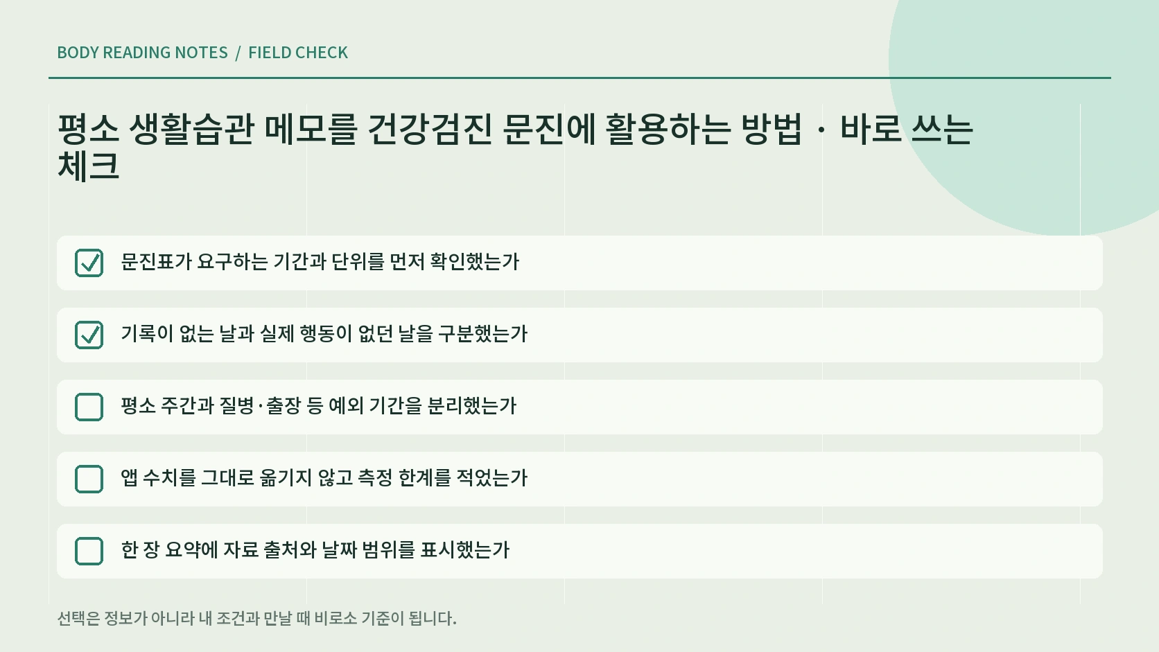 생활습관 기록의 대표성과 예외 기간 확인표