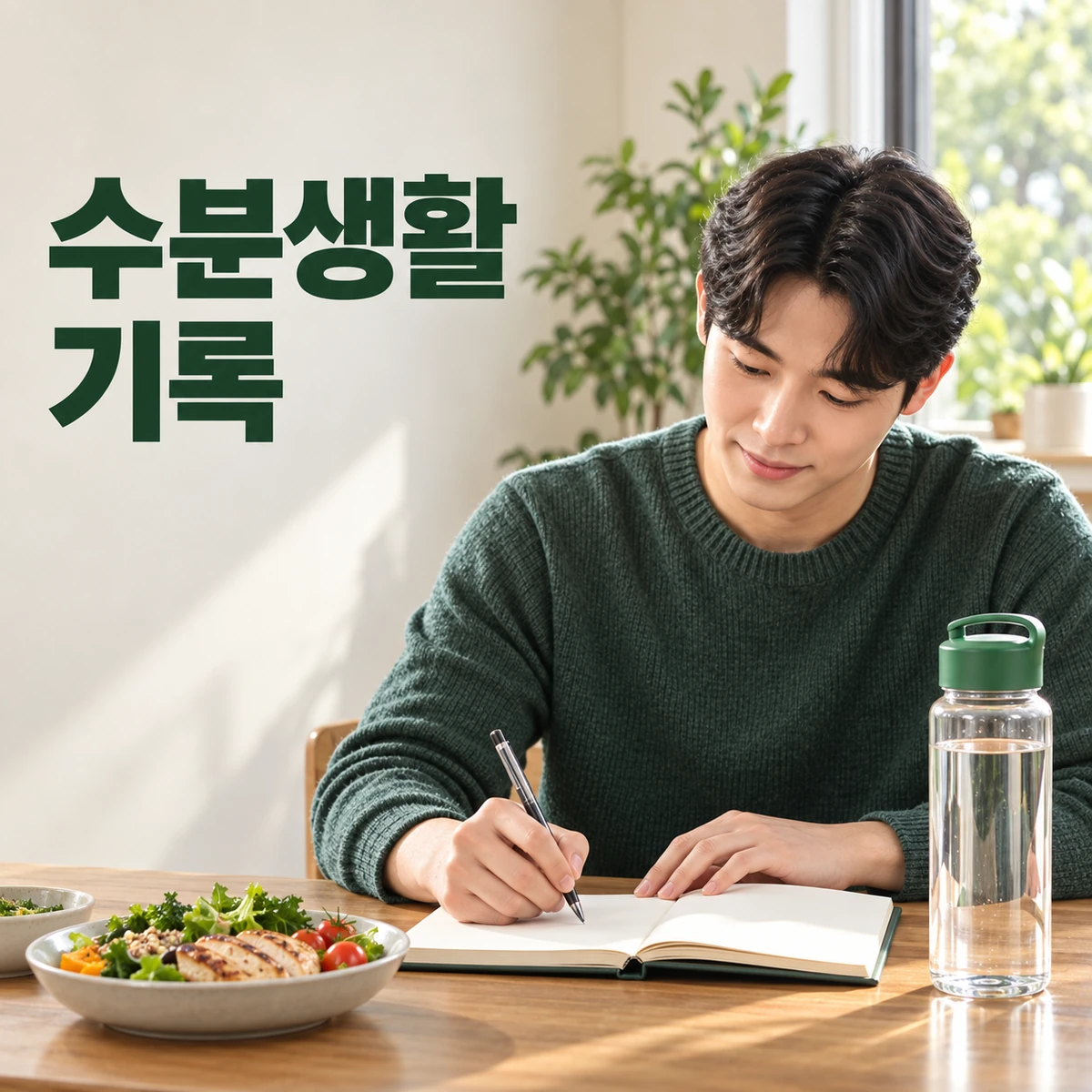 물병 옆에서 식사와 활동, 물 마시는 흐름을 노트에 적는 한국인