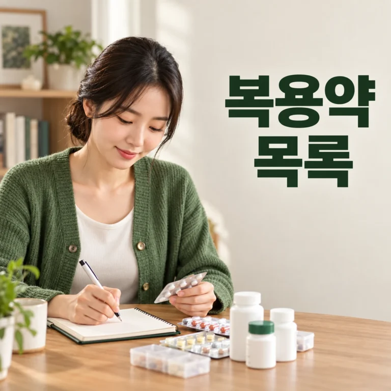집 책상에서 한국인 성인이 약 포장과 복용 노트를 정리한다