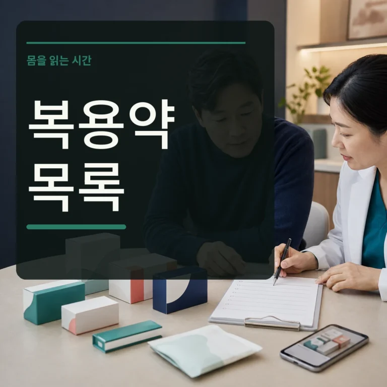 진료실에서 의료진과 의약품 포장 사진과 복용약 목록을 확인하는 장면 위에 복용약 목록 문구를 넣은 대표 이미지