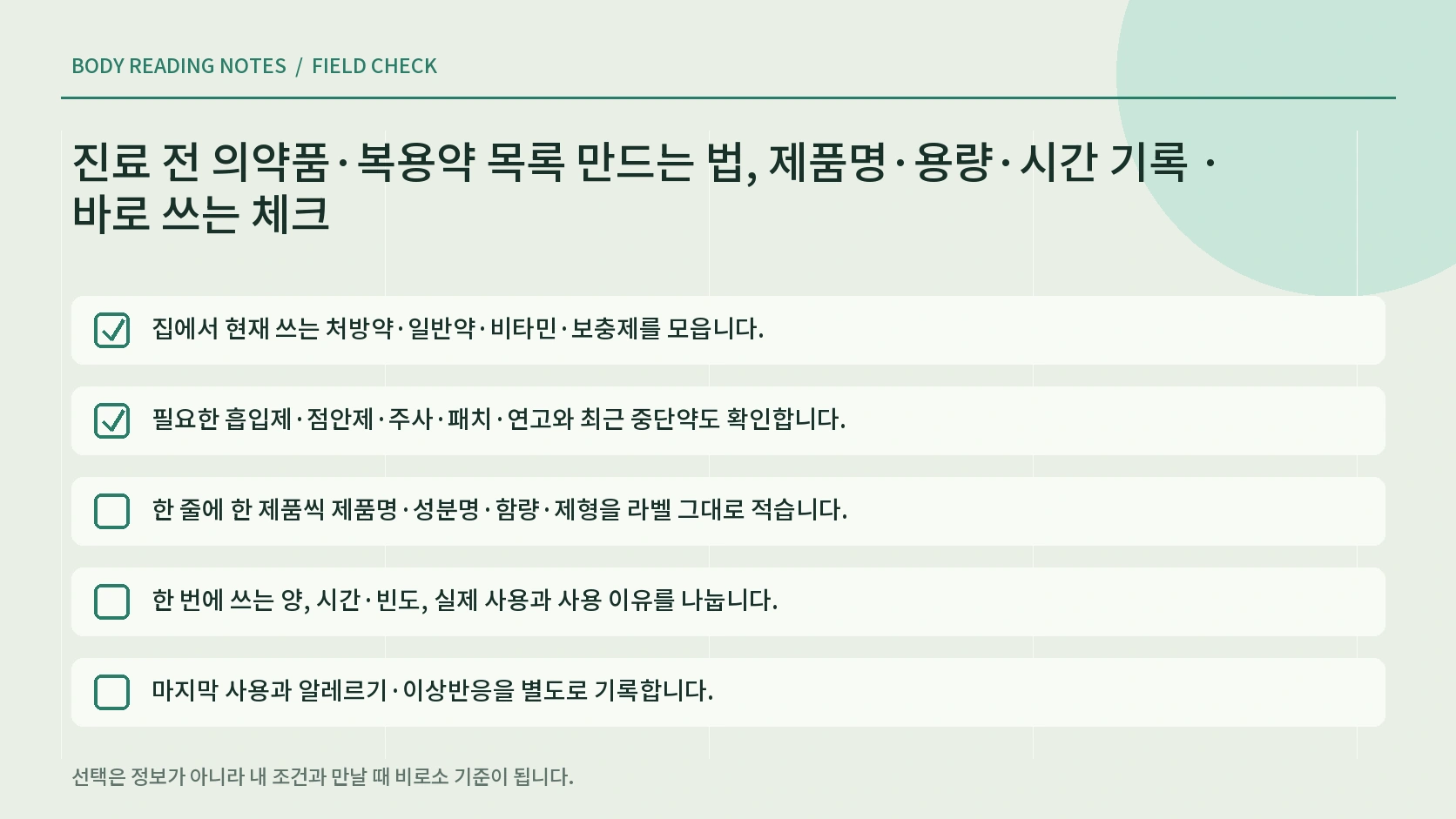 제품명 함량 1회 사용량 사용 시간 이유 마지막 사용 알레르기를 적는 복용약 목록 한글 인포그래픽
