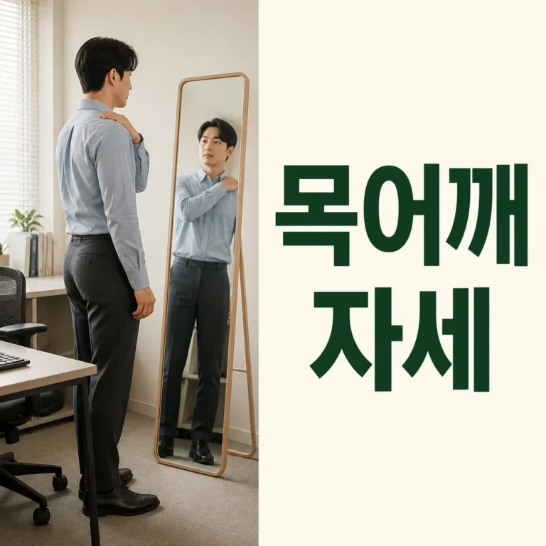 책상 옆 거울에서 목과 좌우 어깨 위치를 살피는 사람