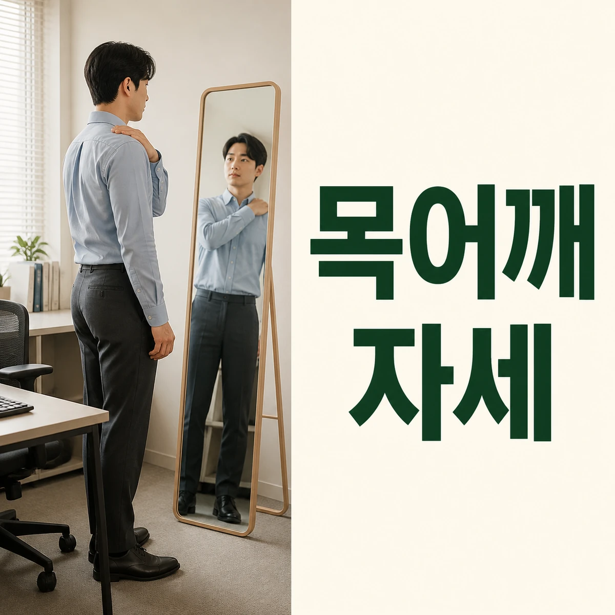 책상 옆 거울에서 목과 좌우 어깨 위치를 살피는 사람