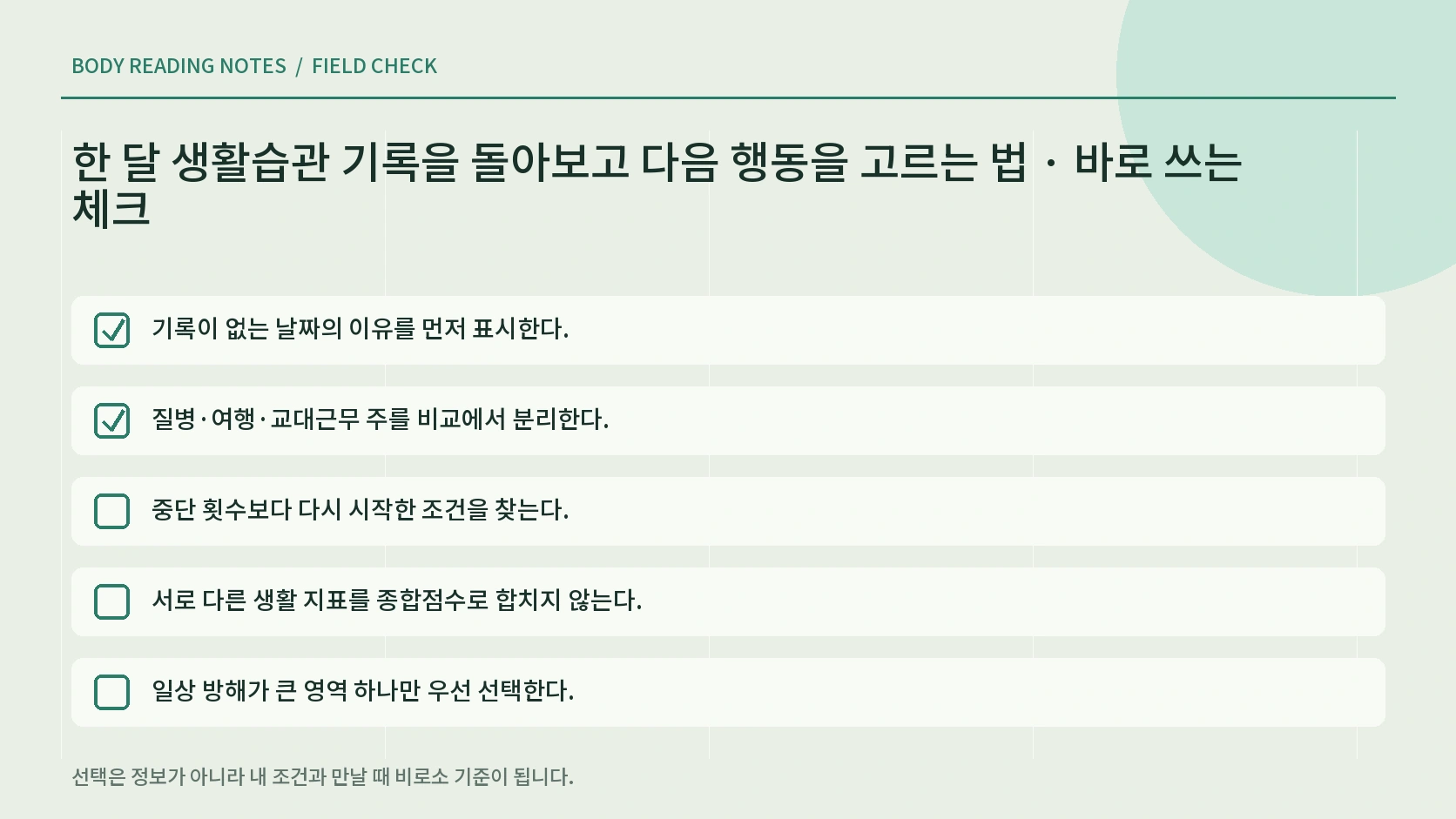 다음 생활 행동 선택 체크리스트
