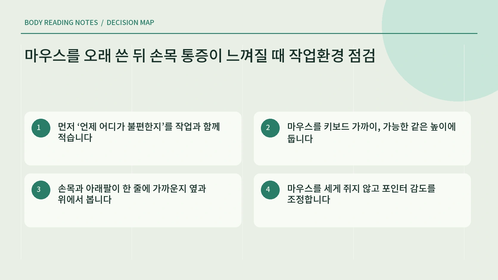 마우스 거리 높이 그립 포인터 설정을 차례로 확인하는 한글 작업환경 인포그래픽