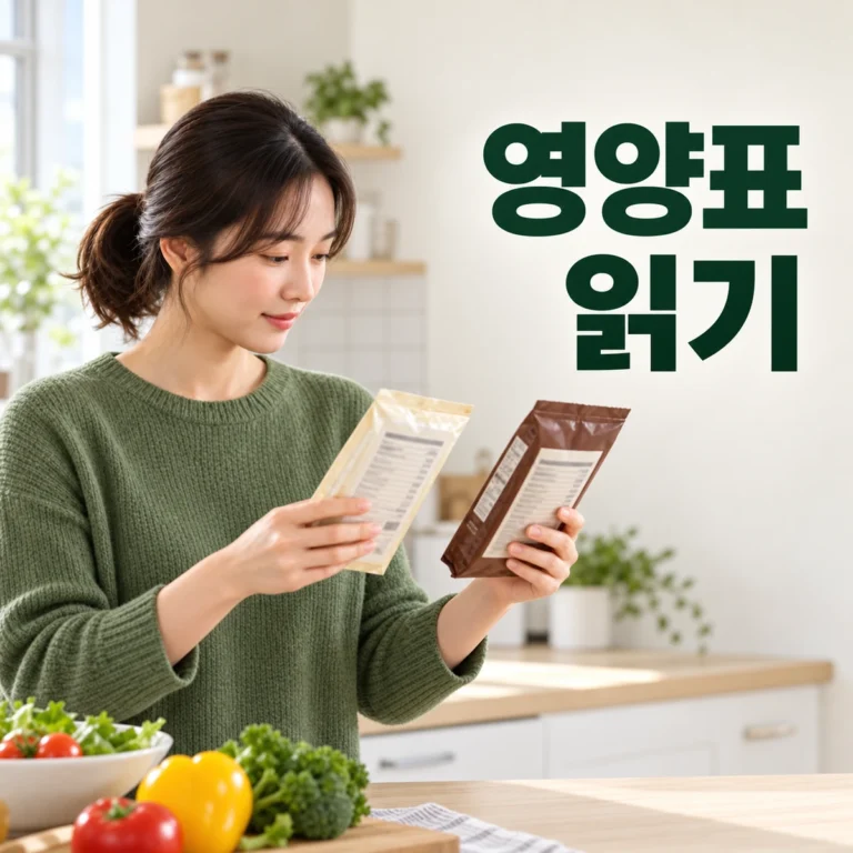 밝은 주방에서 한국인 성인이 두 식품 포장의 영양표 위치를 비교한다