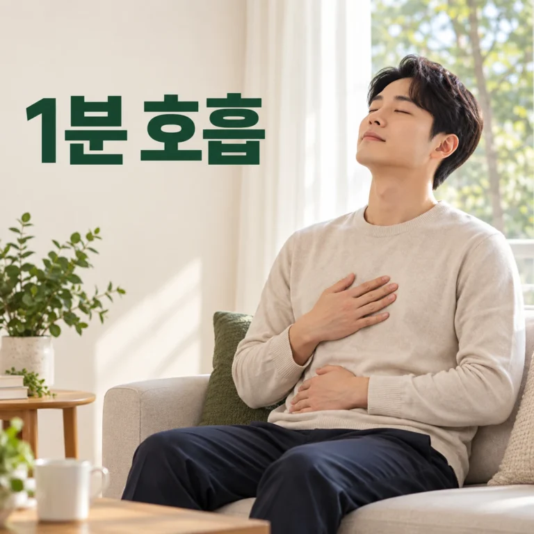 창가 소파에서 한국인 성인이 가슴과 배에 손을 두고 편하게 호흡한다