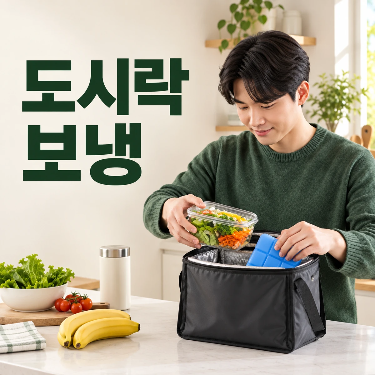 밝은 주방에서 한국인 성인이 도시락과 아이스팩을 보냉가방에 넣는다