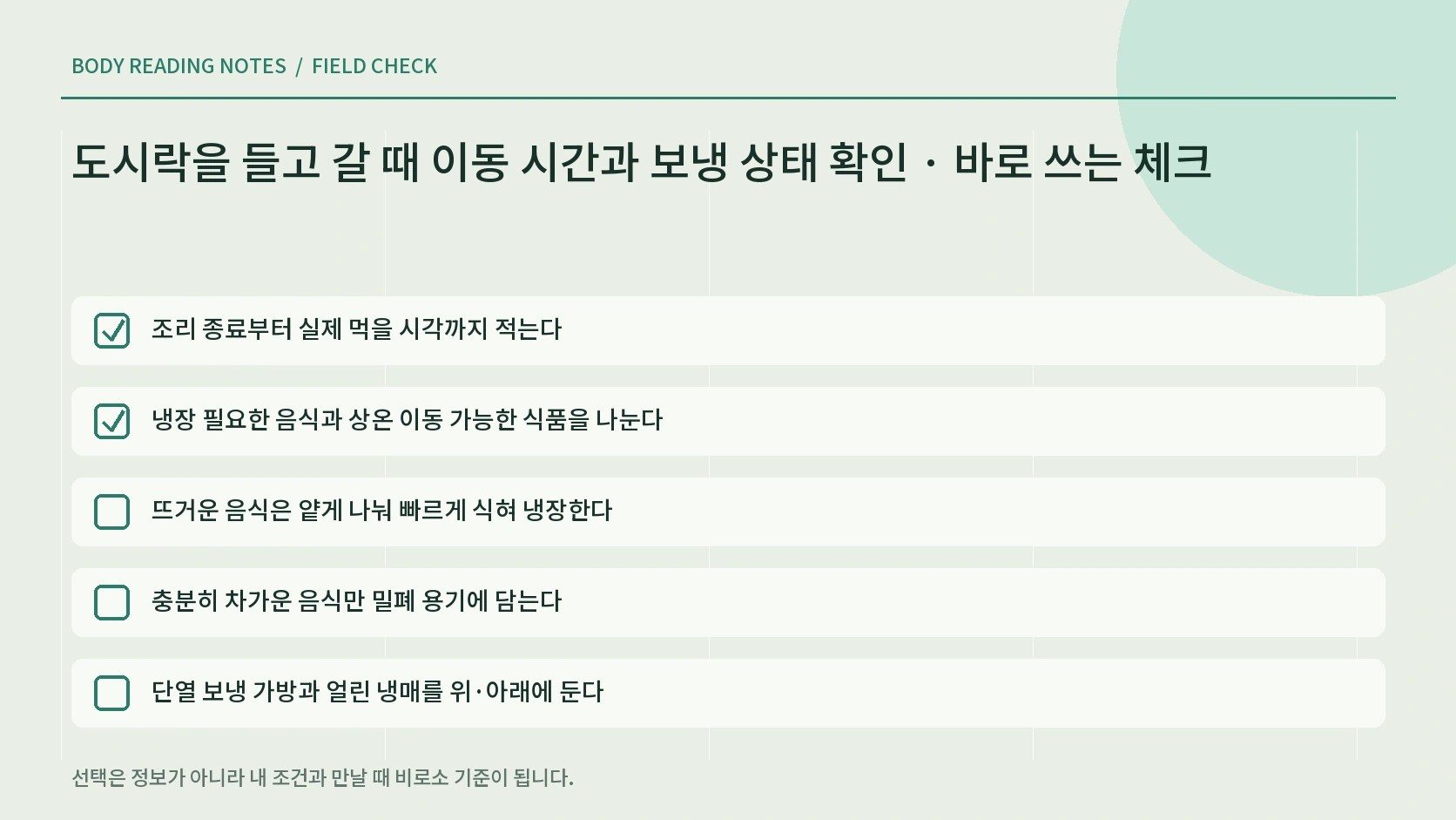 도시락 보냉 가방 냉매 두 개 밀폐 용기 온도 확인 남은 음식 처리를 점검하는 한글 체크리스트