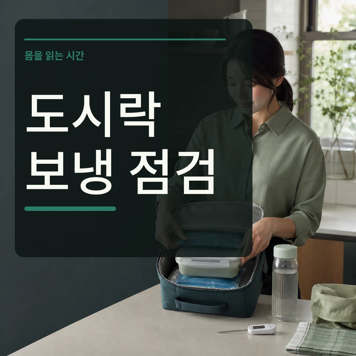주방에서 밀폐 도시락과 두 개의 냉매를 보냉 가방에 넣는 장면 위에 도시락 보냉 점검 문구를 넣은 대표 이미지
