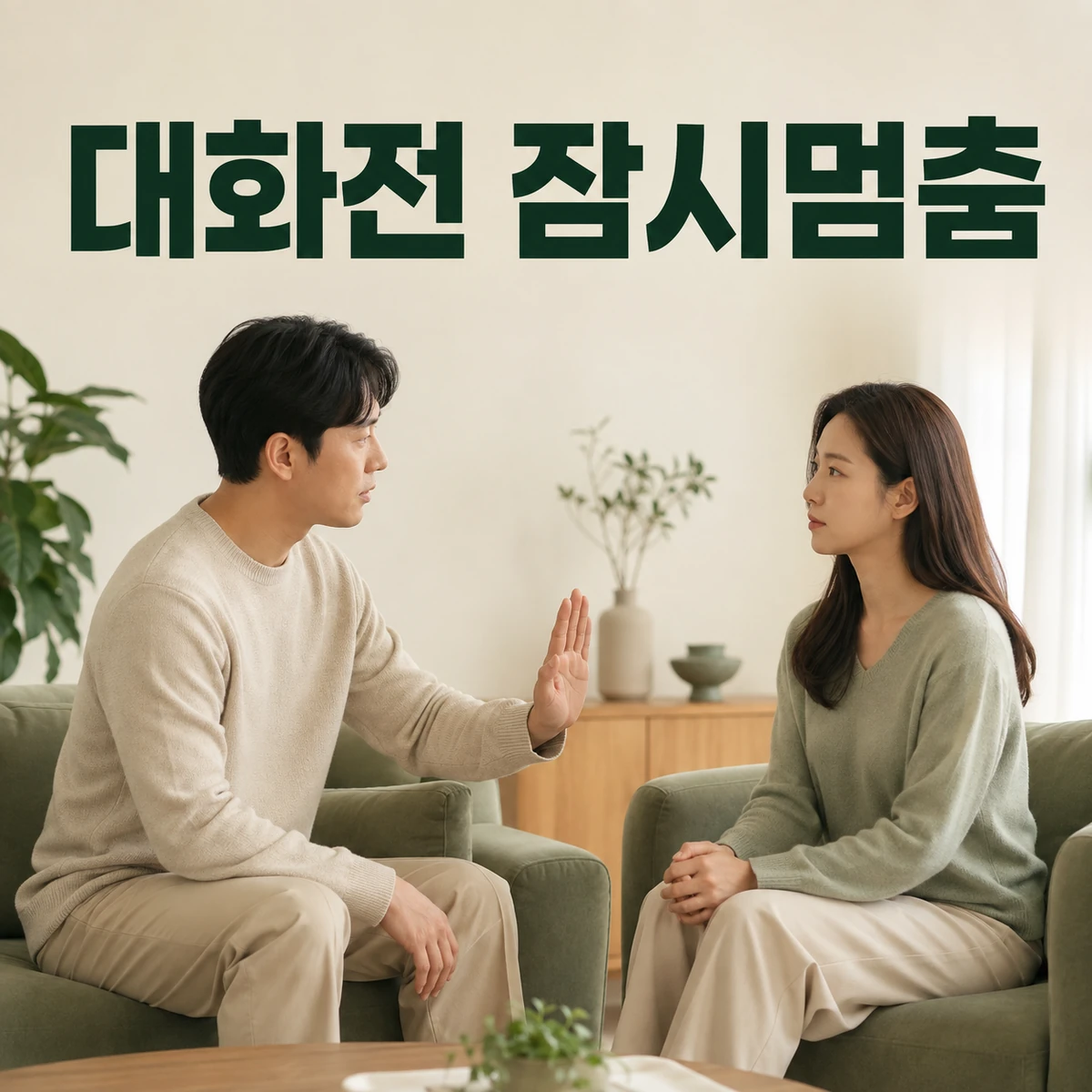 감정적인 대화 중 잠시 쉬기로 합의하는 두 사람