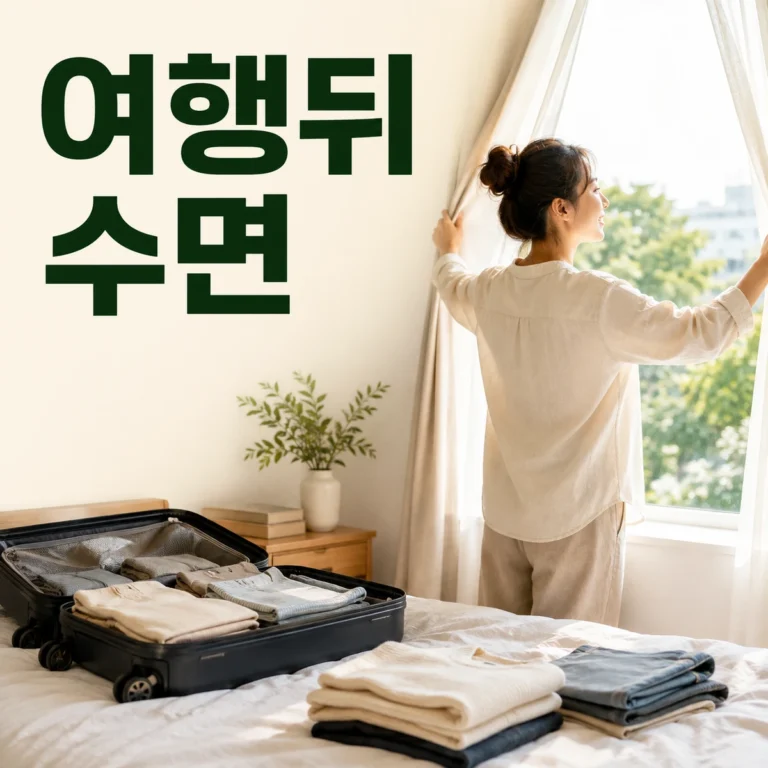 여행가방 옆에서 아침 커튼을 열며 귀가 일정을 확인하는 사람