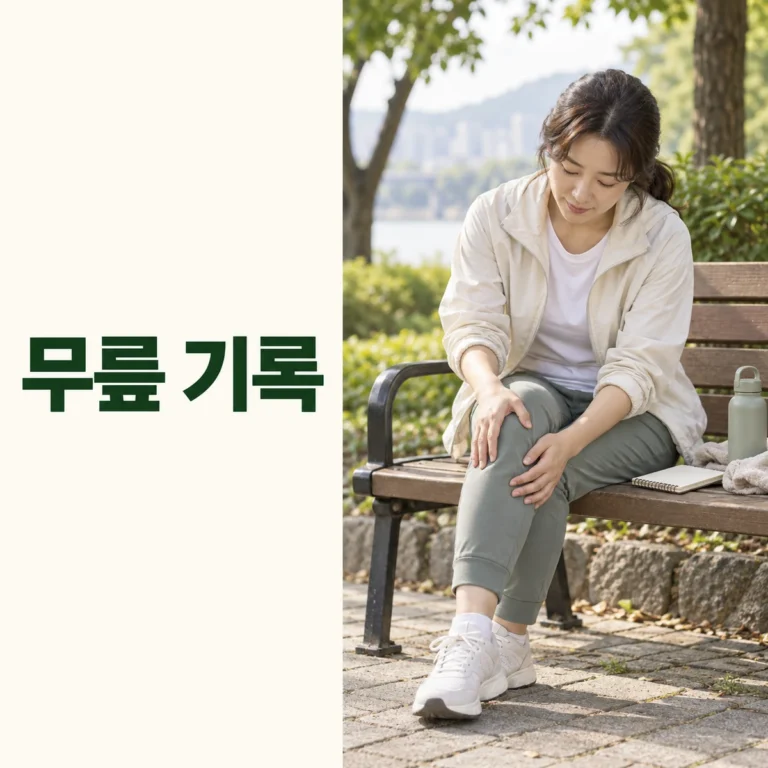 공원 벤치에서 걷기 뒤 무릎 상태를 살피는 장면 옆에 무릎 기록 문구가 있는 정사각형 대표 이미지