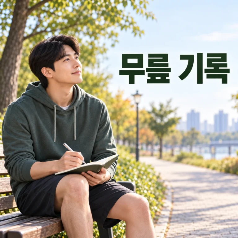 산책 뒤 공원 벤치에서 거리와 무릎 느낌을 기록하는 한국인