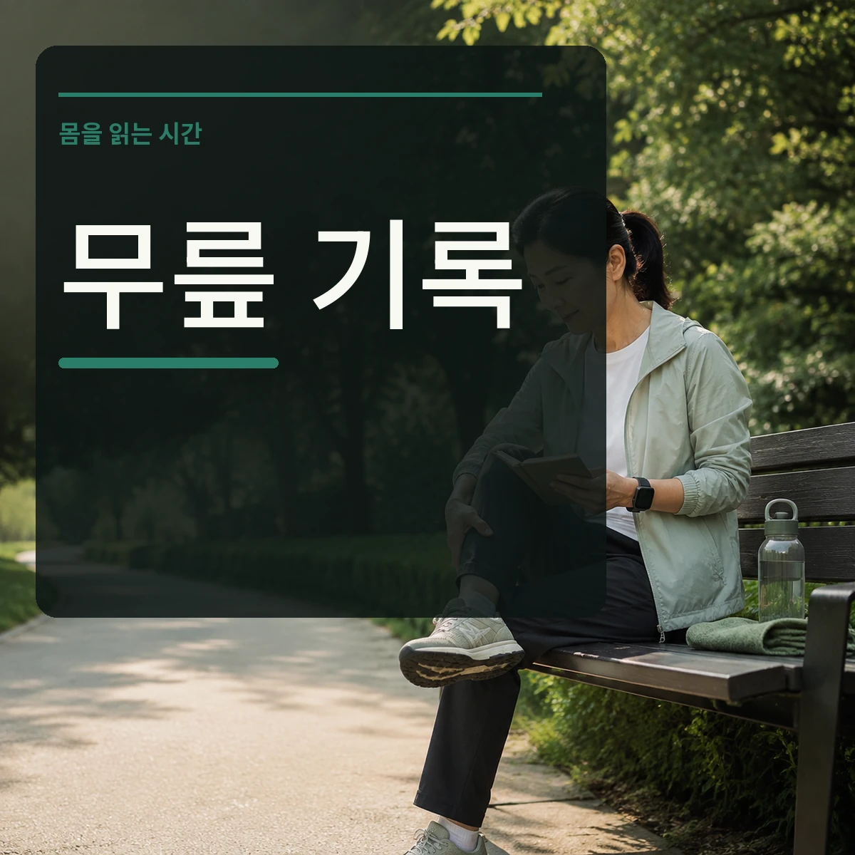 걷기를 마친 사람이 무릎과 신발 상태를 살피며 기록하는 장면에 무릎 기록 문구가 있는 정사각형 대표 이미지