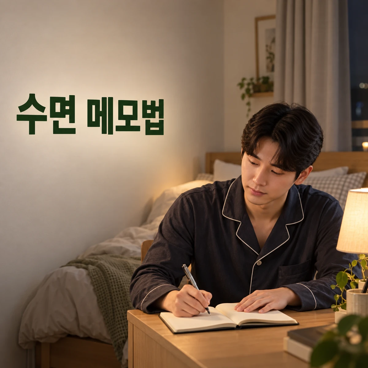 침대 밖 작은 책상에서 잠들기 전 짧게 생각을 적는 한국인